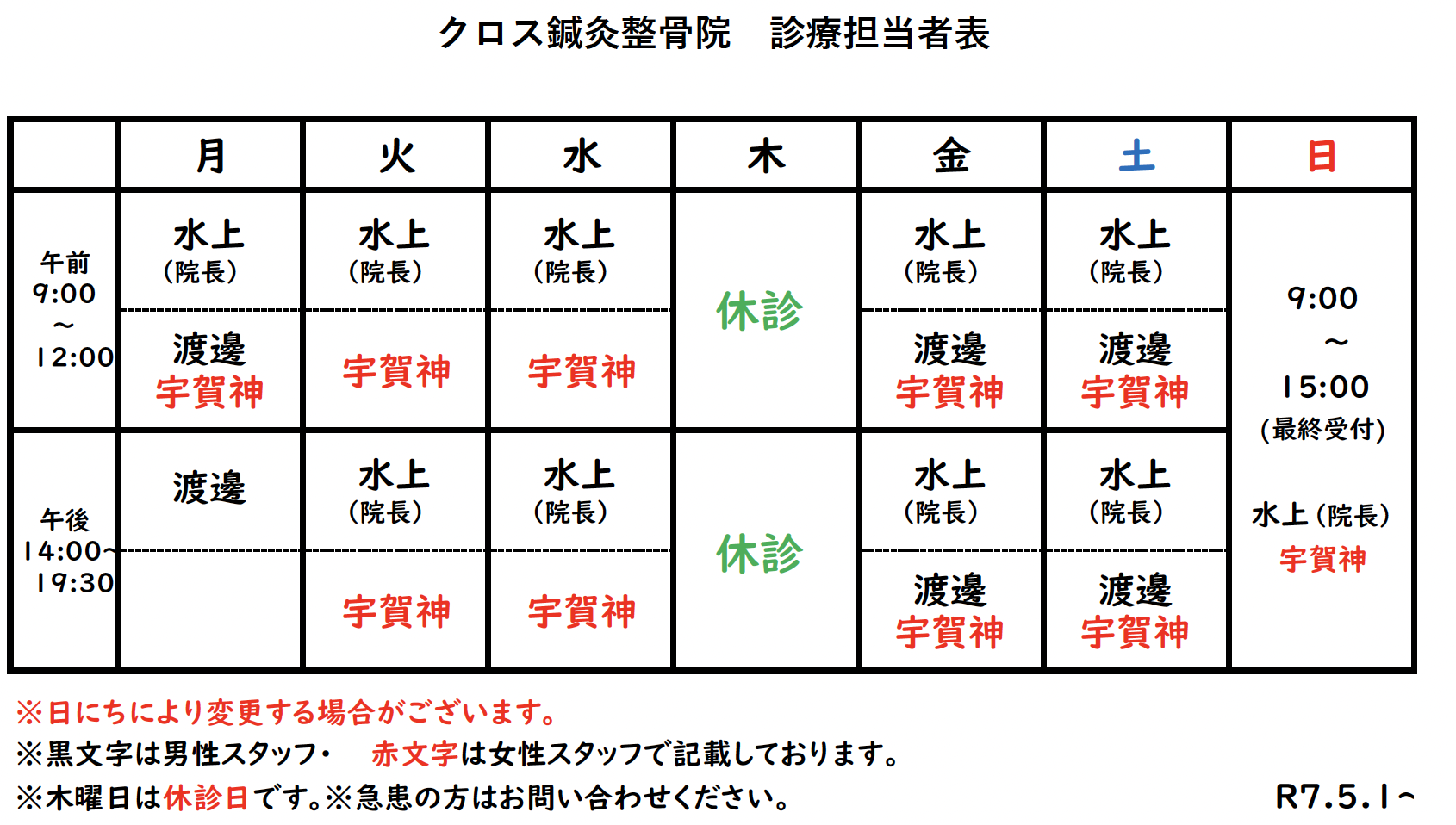 クロス鍼灸整骨院・診療担当